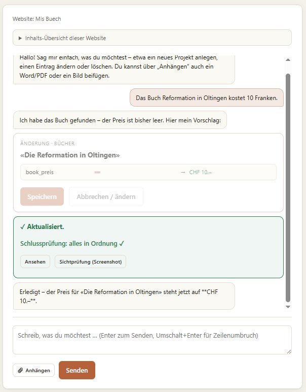 Bildschirmfoto des Content Managers. Im Chatfenster steht eine Änderung in eigenen Worten, darunter zeigt ein Feldvergleich den alten und den neuen Wert, darunter die Bestätigung nach dem Speichern. Website des Verlags Mis Buech, kurz vor der Veröffentlichung.